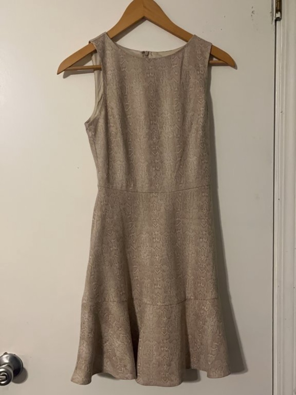 Sleeveless Faux-Snakeskin Fit & Flare Dress in Neutral Beige